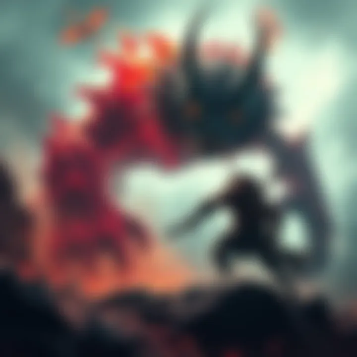Boss Battle Phase One A dramatic scene of the first phase of a roguelite boss battle, showing a fierce character facing a giant creature with intense action and vibrant colors.