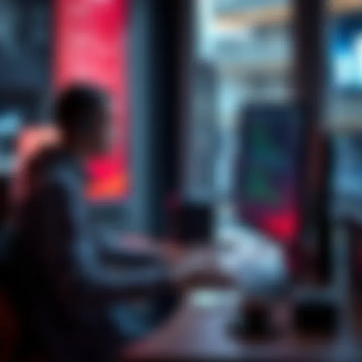 A person sitting at a computer, coding a bot to add lines between words for roleplay, with a notepad and coffee nearby.