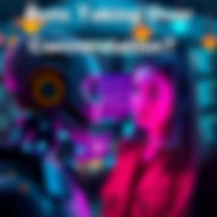 A representation of a person and a chatbot having a conversation, showcasing a blend of human expression and robotic text on a screen.