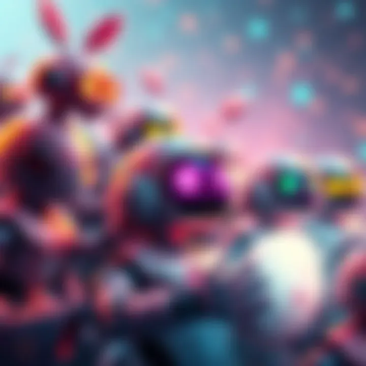 A colorful illustration of various bots showing funny reactions triggered by commands like 'vine boom'.