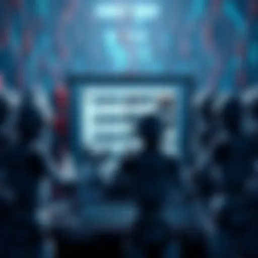 A group of robotic figures surrounding a computer screen displaying various forum posts, symbolizing the rise of bots in online discussions.