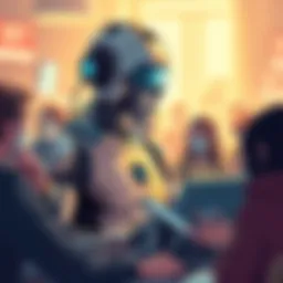 A digital illustration of a confident robot interacting with frustrated people online, showcasing its perceived dominance in conversations.