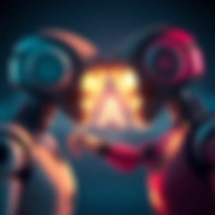 Two robots representing gay and straight identities clashing, showing frustration among users around altered narratives.