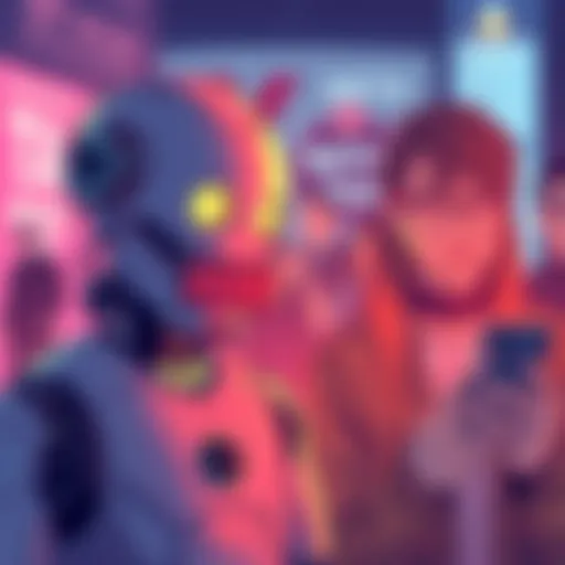 Illustration showing a robot with a censor bar over its mouth next to a human using a phone with no restrictions, highlighting the difference in content moderation standards.