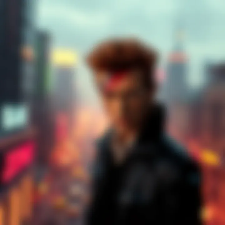 David Bowie as a character in Blade Runner 2049 A portrayal of David Bowie blending into the futuristic cityscape of Blade Runner 2049, highlighting his distinct style and presence.