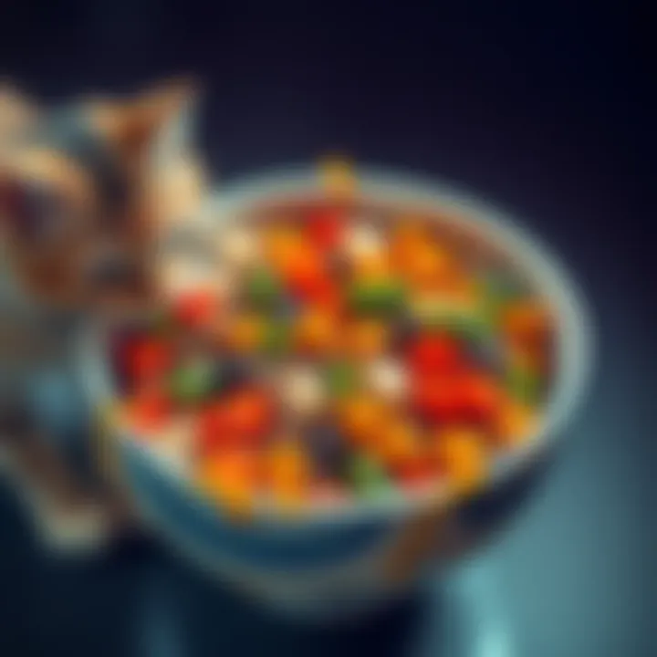 A colorful bowl filled with cat slop, showing a mix of wet cat food and vegetables, with a curious cat nearby