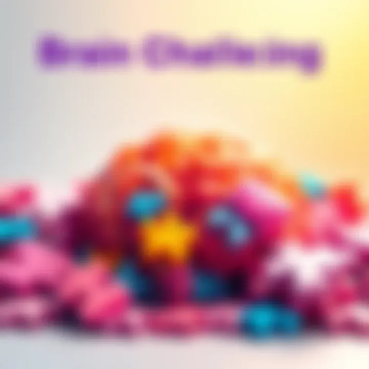 A collection of colorful puzzles and brain teasers with a light bulb and heart symbols representing fun and kindness, set against a bright background.