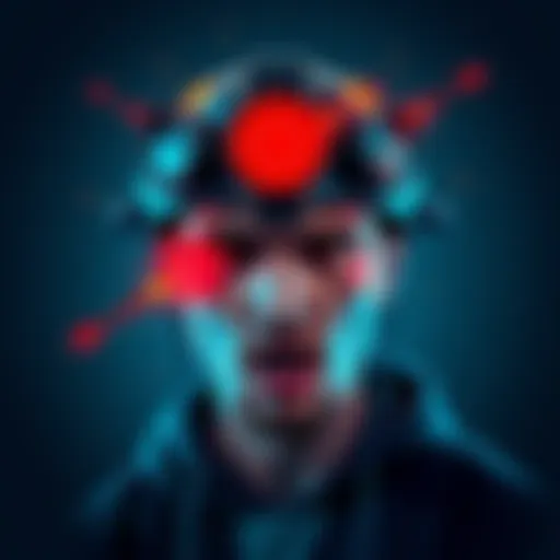 Illustration of a person with military-grade brain control equipment on their head, showing signs of manipulation and distress.