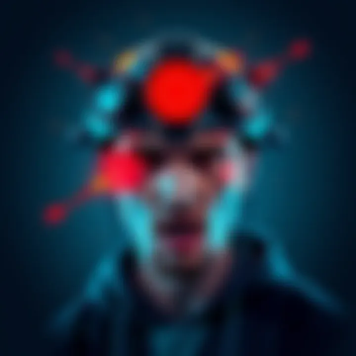 Illustration of a person with military-grade brain control equipment on their head, showing signs of manipulation and distress.