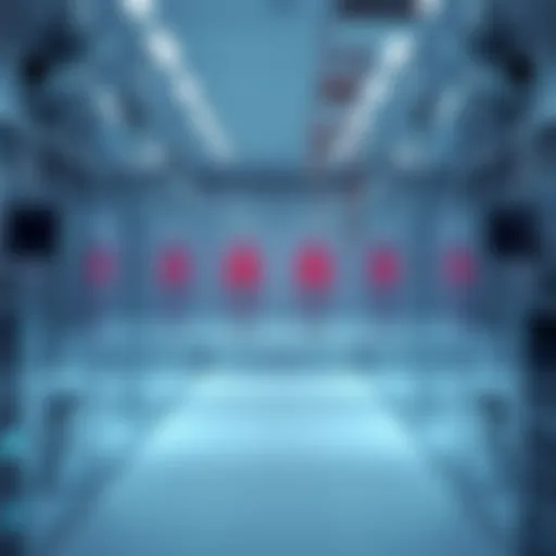 A sterile laboratory filled with brainless human clones in glass containers, showcasing the startup's goal for eternal life.