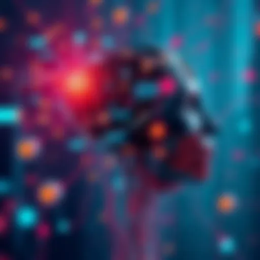Graphic illustration showing Brainrot GPT technology affecting creativity and communication, with abstract visual elements representing cognitive processes.