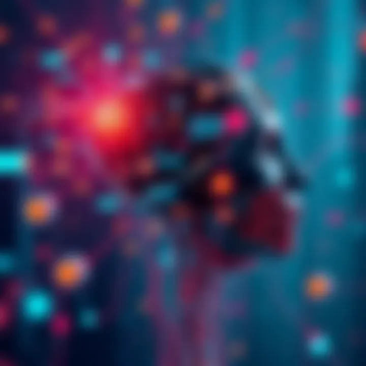 Graphic illustration showing Brainrot GPT technology affecting creativity and communication, with abstract visual elements representing cognitive processes.