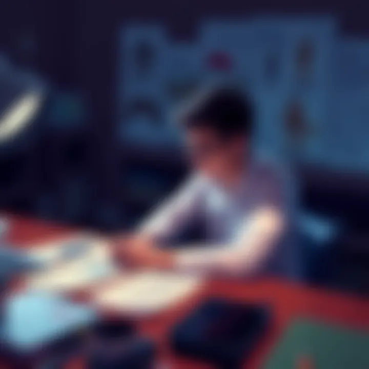 A person sitting at a desk surrounded by sketches and notes, thinking about different game concepts.
