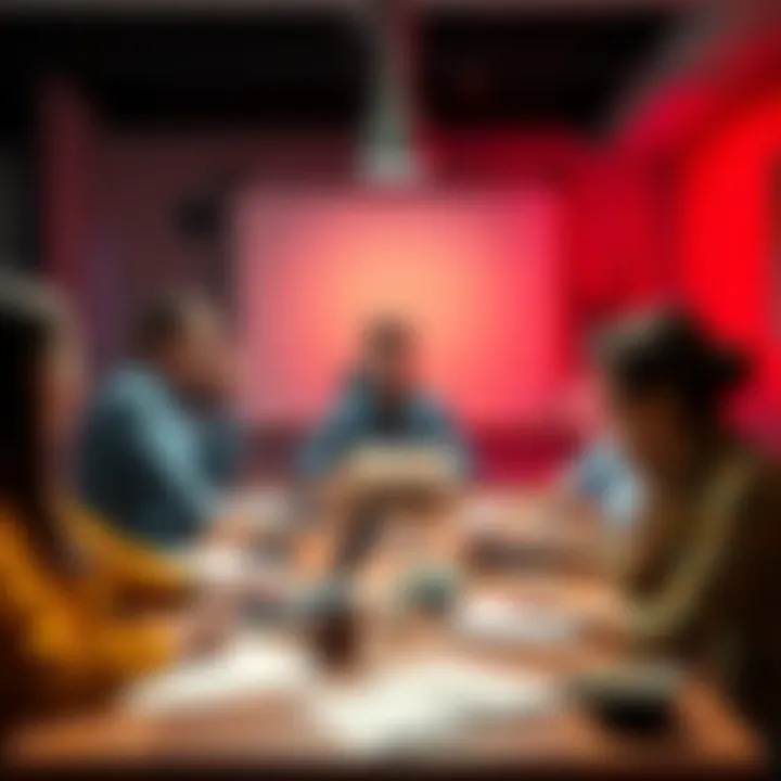 A group of people sitting around a table, discussing ideas to improve computer performance without crashing, with laptops open and notes in hand.