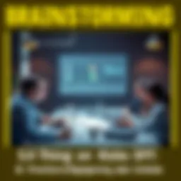 A group of people gathering around a table, brainstorming ideas with notepads and laptops, showing collaboration and innovation.