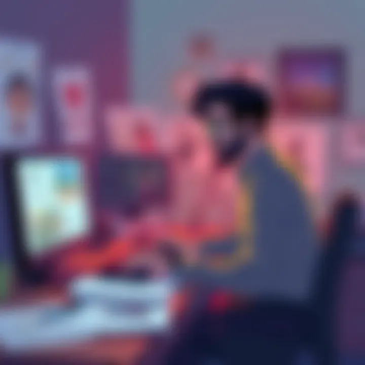 A Brazilian writer uses AI tools at a computer, surrounded by sketches of animated characters and scenes from his stories.