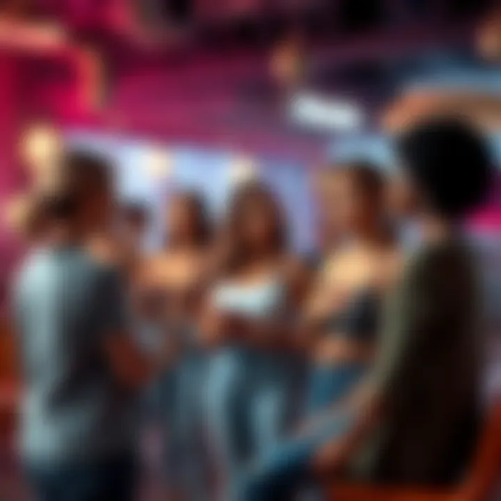 A group of people discussing their preferences on breast sizes in a casual setting, showcasing a variety of opinions.