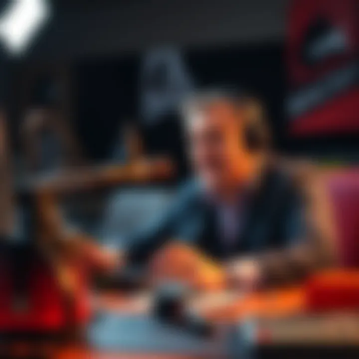 Brendan Carr speaking into a microphone at a radio station, surrounded by audio equipment and radio broadcasting tools.