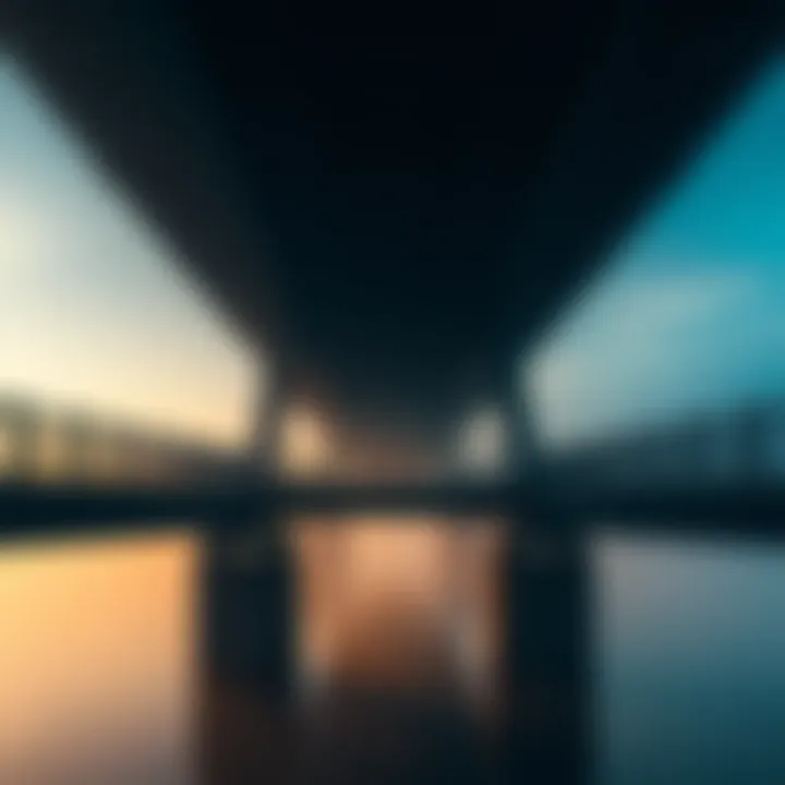 A serene view under a bridge surrounded by soft morning fog.