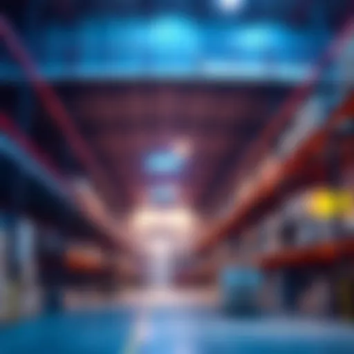 A warehouse interior with improved lighting, showcasing bright lights and reduced shadows, creating a vibrant workspace.