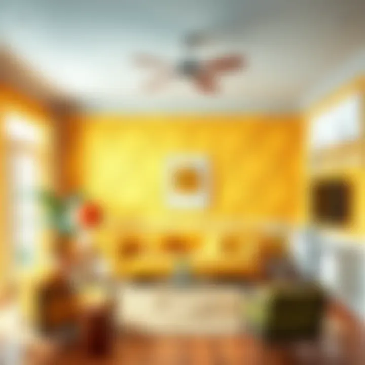 A stylish living room featuring bright yellow wallpaper, with cozy furniture and decorative plants, creating a lively atmosphere.