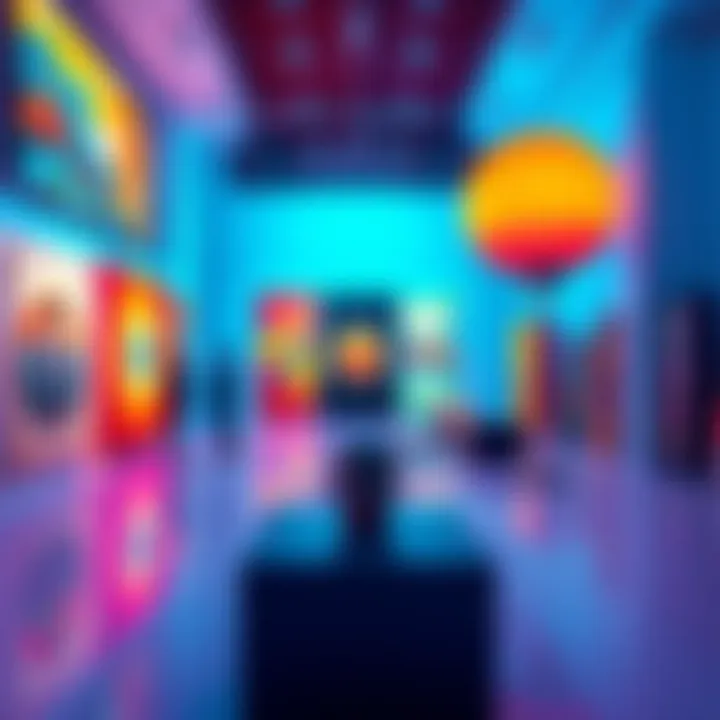 A collection of various art pieces showcasing bright colors and designs, with viewers discussing their impact.