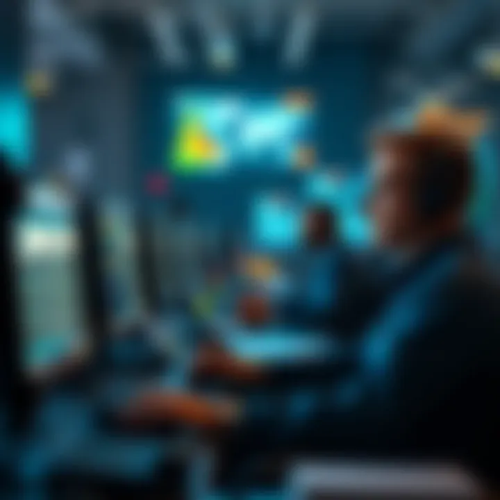 A group of British workers at desks focusing on computers, correcting AI-generated mistakes instead of doing their main jobs