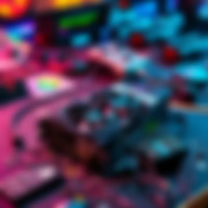 A damaged GTX 1060 graphics card laid out on a messy gaming desk with scattered gaming gear