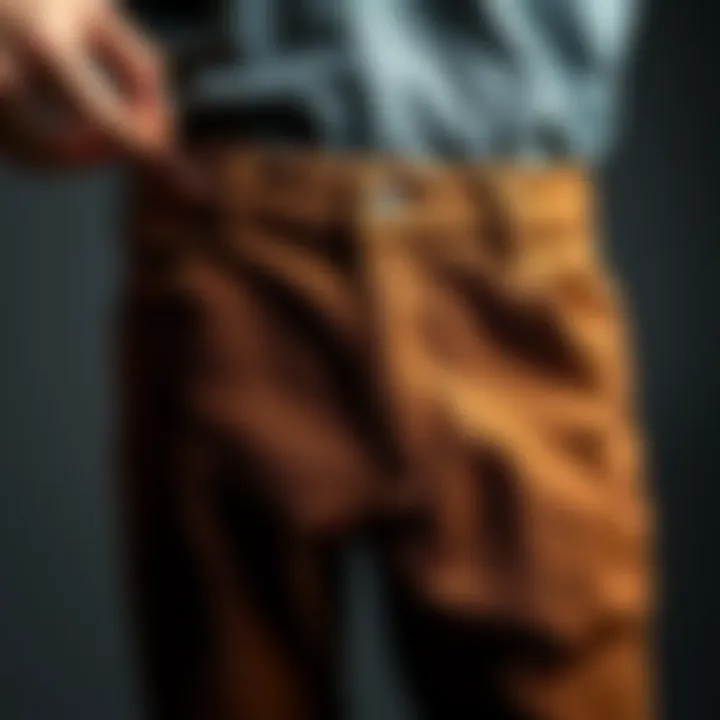 A pair of brown pants with fabric being pinned for tailoring adjustments