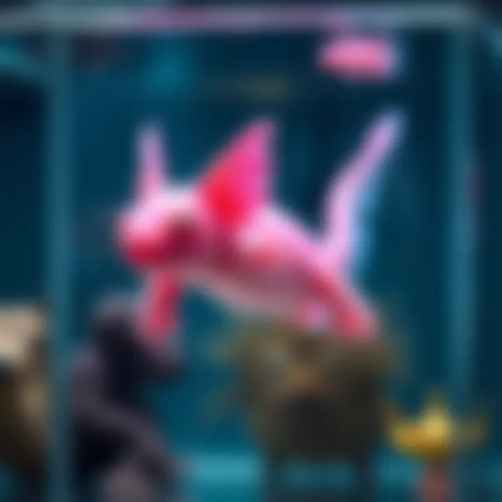 A cute pink axolotl swimming gracefully in a clear tank, showcasing its unique features and charm.