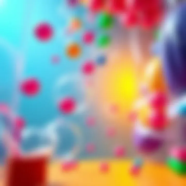 Bubble Wrap Popping Game Scene A colorful 3D scene showing bubble wrap being popped in a playful incremental game setting, with vibrant visuals and feedback animations.