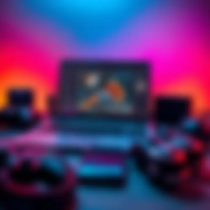 A budget laptop displaying game development software like Blender and Unity on its screen, surrounded by gaming accessories