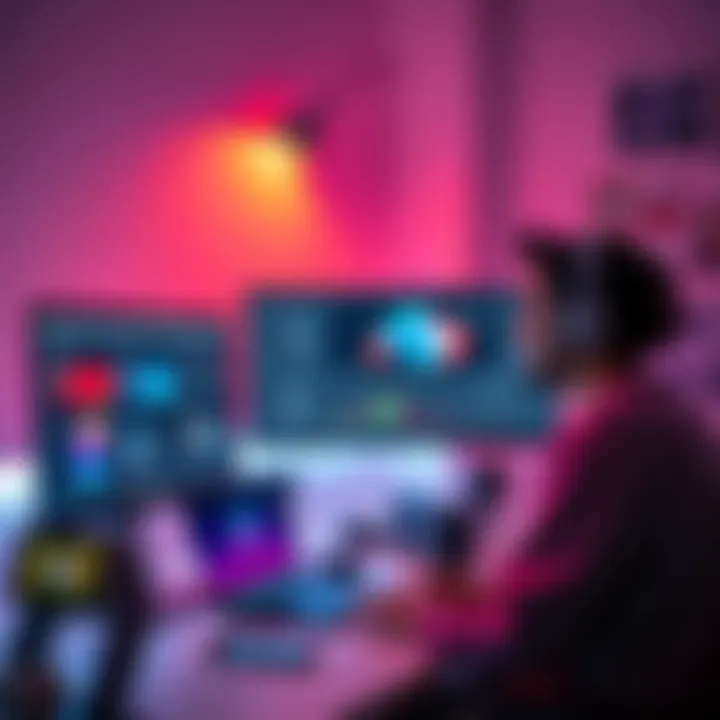 Budget Rendering Tools in Cinema 4D A beginner working on a computer with Cinema 4D open, showcasing affordable rendering options and tools for motion design.