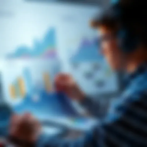 A person analyzing a budget chart while planning game development costs, with sketches of a platform game in the background.