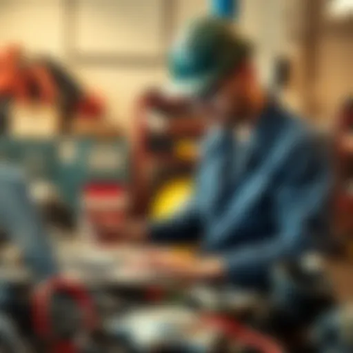 A custom car builder examines rare hose clamps and wiring in a workshop setting while using a laptop for assistance.