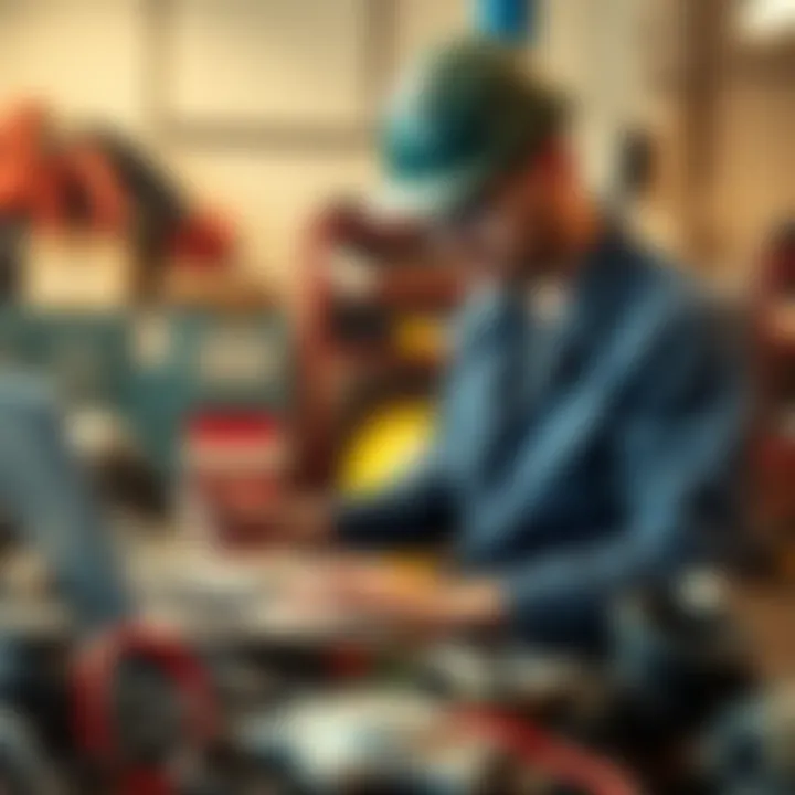 A custom car builder examines rare hose clamps and wiring in a workshop setting while using a laptop for assistance.