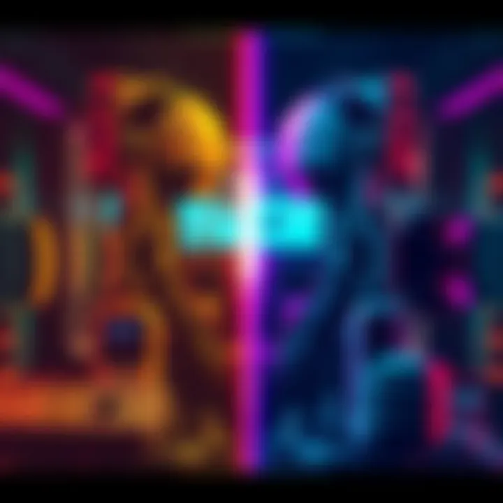 A split image showing a person designing a system from scratch on one side and another person using existing assets and plugins on the other side, reflecting the contrast in system development methods...