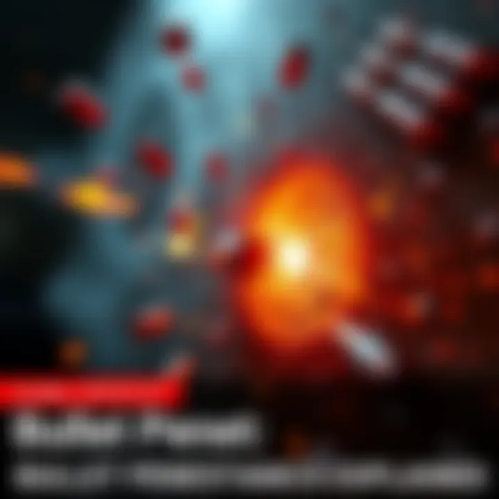 A visual representation of bullets penetrating various surfaces, showing particles and decals in action, illustrating different material interactions.