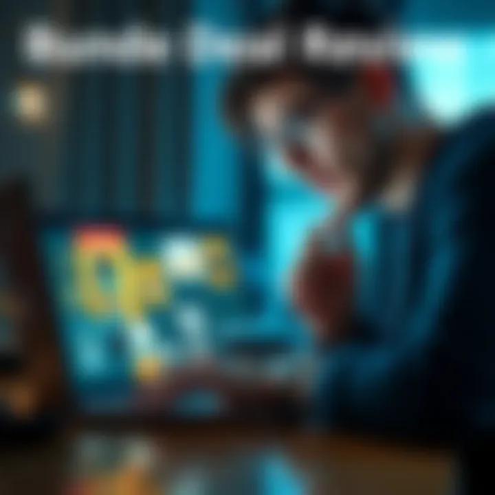 A person examining a product bundle on a laptop with a thoughtful expression