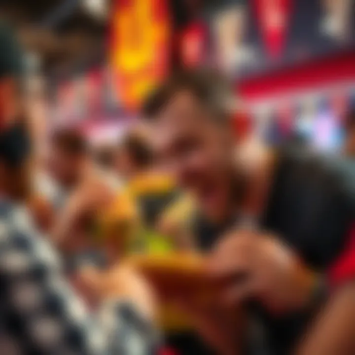 People compete to eat burgers quickly at a lively contest event