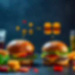 Burger instruction layout comparison A visual comparison of two burger-making instruction layouts, one showing top-down steps and another displaying assembly order, with burgers and ingredients around them.