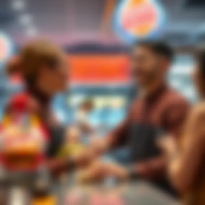 A Burger King employee smiling and serving food to customers at the counter