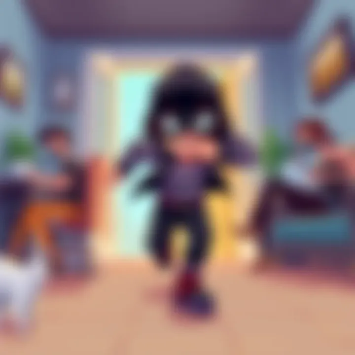 A cartoon-style burglar in a black mask and striped shirt, dashes to collect items in a home before the owner returns. Unique transformations include a giraffe character.