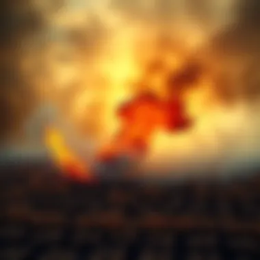 Burning crops in a field A field being set ablaze, smoke rising from destroyed crops with charred land around.