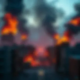 A digital depiction of a city on fire, with smoke and flames rising from buildings, symbolizing arson activity.
