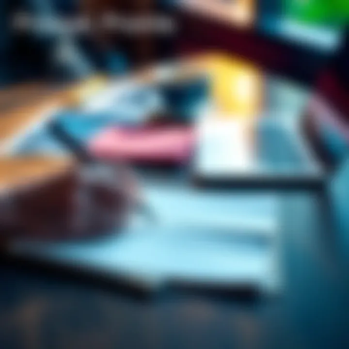 A person writing business prompts on a notepad with a laptop and coffee cup on the table