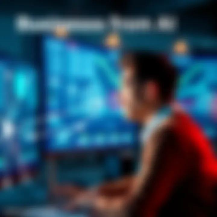 Business Risks from AI A businessperson looking worriedly at a computer screen displaying AI-generated data, symbolizing concerns over intellectual property theft.