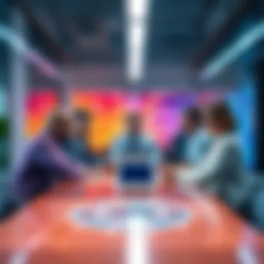 Business Strategy Meeting A team of professionals discussing strategies for the future of artificial intelligence in a modern office setting.