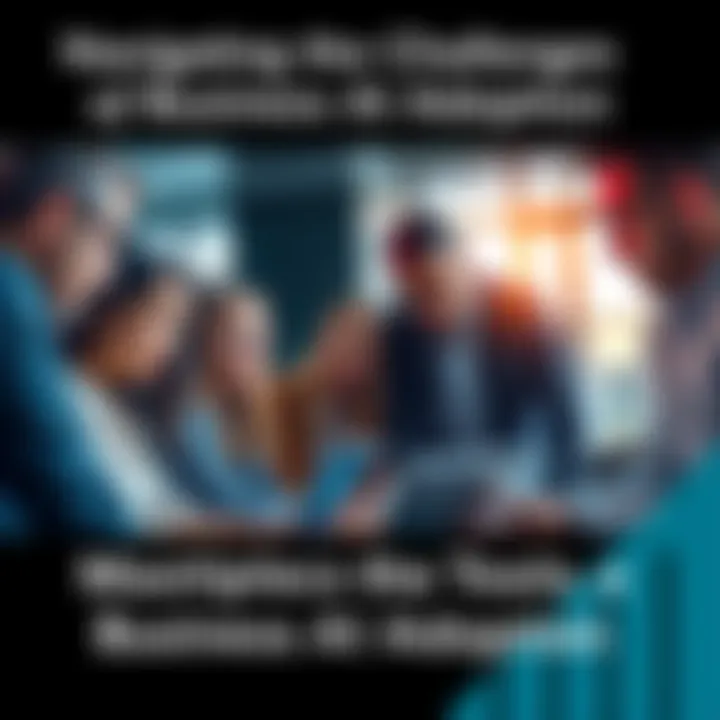 A diverse group of business professionals in a meeting, analyzing charts and AI tools on a laptop.