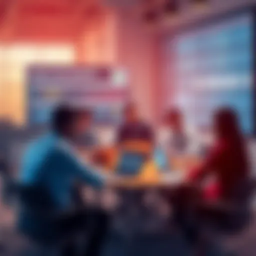 A group of business professionals collaborating around a table with laptops, discussing code execution platforms, with charts and data on a screen in the background.